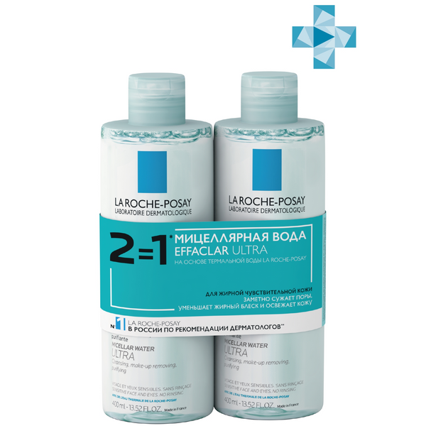 Мицелярная вода для жирной чувствительной кожи, 2Х400 мл. 2 по цене 1 LA ROCHE-POSAY EFFACLAR ULTRA  
