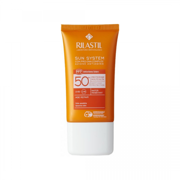 Cолнцезащитный антивозрастной крем SPF 50+ для лица  для чувствительной кожи с Pro-Dna Complex,Rilastil SUN SYSTEM PPT 40 мл  